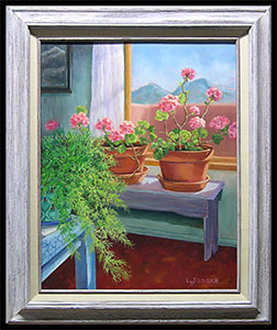 Taos Interior is a traditional stil life oil painting by L K Steinbach of potted pink flowers near a window.
