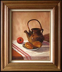Tea Time is an original still life oil painting by Louise Steinbach of a tea pot on a table with bread rolls and an apple.