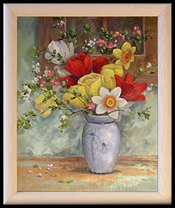 Tulips and Jonquils by a Window is a traditional floral still life oil painting by L K Steinbach.