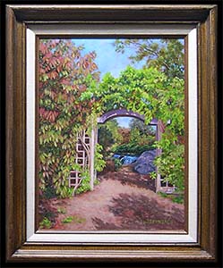 Waterfall Garden is a landscape oil painting of an archway surrounded by vegetation through which can be seen a small waterfall.