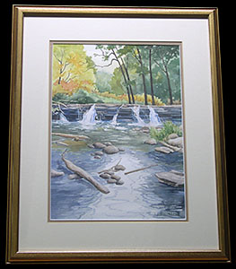 Waterfall Glen is an original watercolor painting by Louise Steinbach depicting water falling into a pool of rippling blue water with green and yellow trees in the distance.