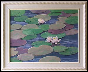Waterlilies Design is an original oil painting by Louise Steinbach of pink water lilies on stylized lily pads and water.