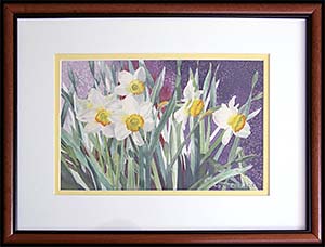 Backyard Daffodils is a floral watercolor painting by L K Steinbach of white daffodils with yellow centers.