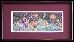 Wildflowers at Dusk is an original colored pencil drawing by Louise Steinbach. This floral depicts purple and orange flowers in green grass against a dark background.