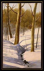 Ravine on a Sunny Day is a traditional landscape oil painting by L K Steinbach of a small stream running along the snow covered ground in the woods.